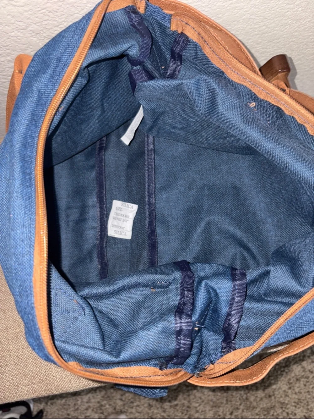 Blue Canvas Tote with Brown Faux Leather Trim